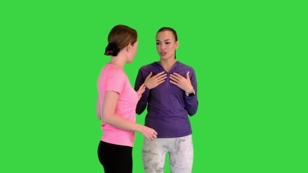 2人の若い女性が話していると緑の画面上で実行され、クロマキー. — ストック動画