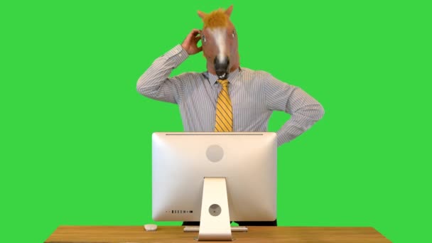 Empresario con cabeza de caballo pensando duro mientras trabaja en una computadora en una pantalla verde, Chroma Key. — Vídeo de stock