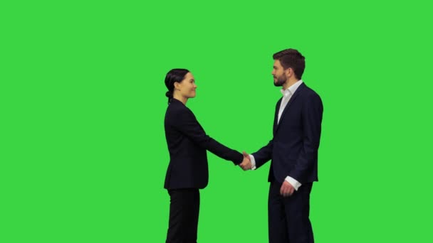 Ein selbstbewusster und rücksichtsvoller Händedruck zweier Geschäftsleute auf einem Green Screen, Chroma Key. — Stockvideo