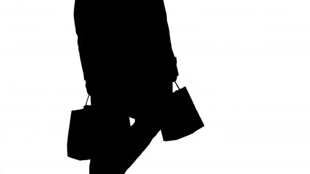 Silhouette Shopping bag nelle mani dell'uomo che cammina in cappotto. — Video Stock