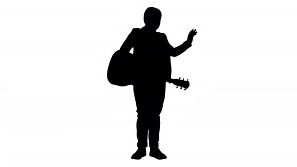 Silhouette Boy in abito bianco con chitarra saluto pubblico. — Video Stock