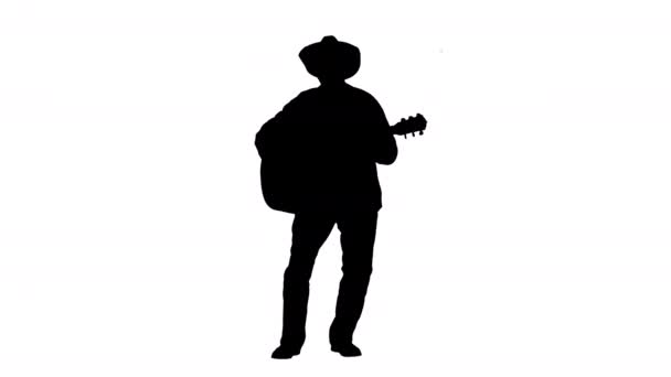 Silhouette Pria senior dalam kemeja bermotif bernyanyi dan bermain gitar. — Stok Video