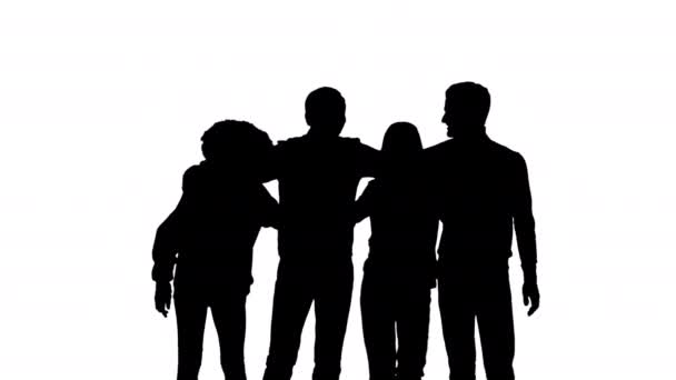 Silhouette Four happy friends posing for a picture, hugging all together and smiling at the camera — Stock Video