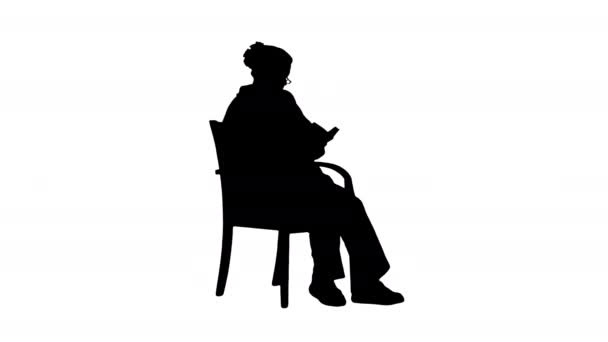 Silhouette Friendly senior woman sitting in chair reading a book. — Stock Video