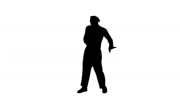 Silhouette Male mime artist performing pulling virtual rope. — Stock Video
