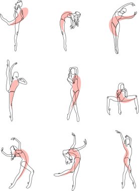 Kadınların yüzleri ve figürleri, tek sıra halinde boğuluyor. Tam anlamıyla minimalist yanılsama. Dekorasyon için soyut renkli noktalar. Zarif pozlar veren balerinlerin listesi.,