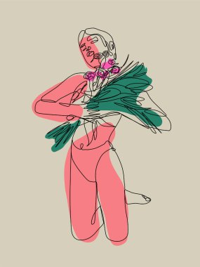 Kadınların yüzleri ve figürleri, tek sıra halinde boğuluyor. Tam anlamıyla minimalist yanılsama. Dekorasyon için soyut renkli noktalar. Çiçeklerin ve bitkilerin yeşil yapraklarıyla dolu bir kız..