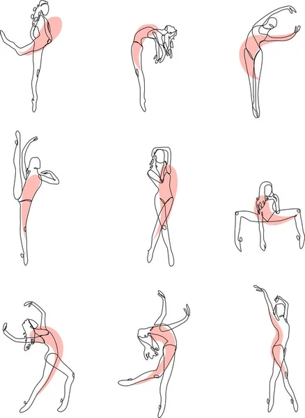 Kadınların yüzleri ve figürleri, tek sıra halinde boğuluyor. Tam anlamıyla minimalist yanılsama. Dekorasyon için soyut renkli noktalar. Zarif pozlar veren balerinlerin listesi.,