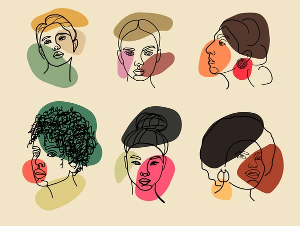 Kadınların yüzleri ve figürleri, tek sıra halinde boğuluyor. Tam anlamıyla minimalist yanılsama. Dekorasyon için soyut renkli noktalar. 