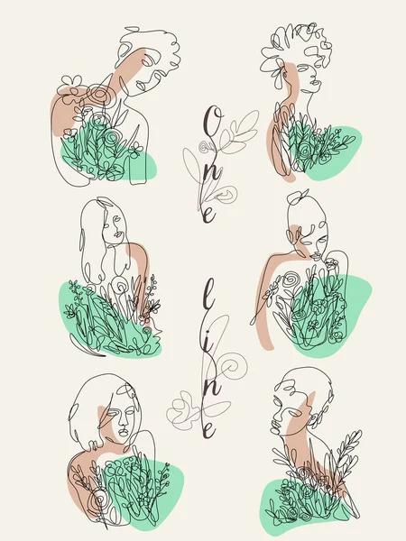 Kadınların yüzleri ve figürleri, tek sıra halinde boğuluyor. Tam anlamıyla minimalist yanılsama. Dekorasyon için soyut renkli noktalar. Çiçeklerin ve bitkilerin yeşil yapraklarıyla dolu bir kız..