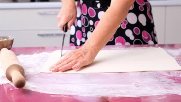 Női kéz készíti elő a tésztát és tölti ki a khachapurit — Stock videók