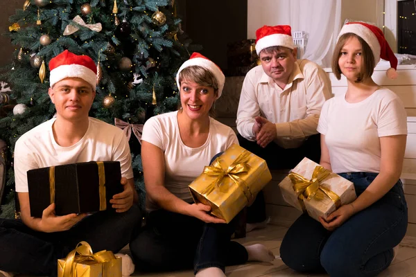 크리스마스 트리 앞에서 선물을 교환하는 가족들 — 스톡 사진