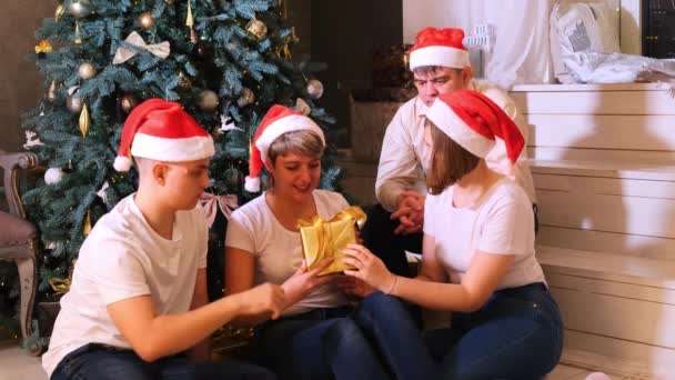 Famiglia in cappelli di Natale si scambia regali davanti all'albero di Natale. — Video Stock