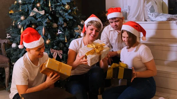 크리스마스 트리 앞에서 선물을 교환하는 가족들 — 스톡 사진