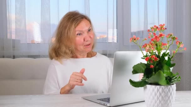 Usmívající se elegantní žena s videohovorem na notebooku. Koncept komunikace. — Stock video