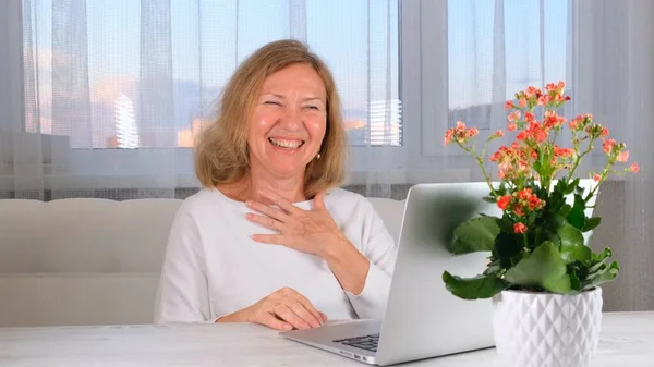 Lächelnde elegante Frau mit einem Videoanruf auf einem Laptop. Kommunikationskonzept. — Stockfoto