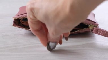 Cüzdan madeni paranın yanında masanın üzerinde duruyor. Finans, gelir ve gider kavramı, nakit ödeme.