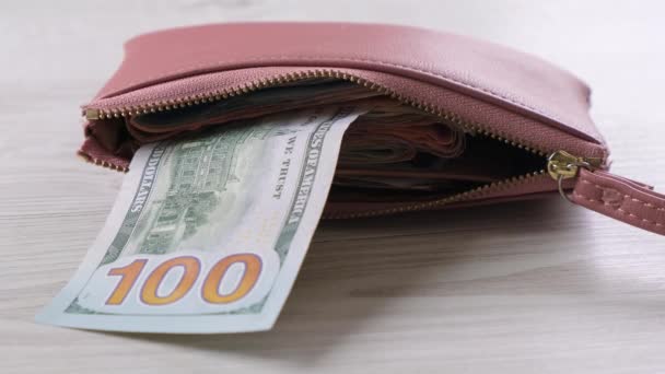 Vrouwenhand haalt een roze portemonnee tevoorschijn met een bankbiljet van honderd dollar en veel geld. Begrip financiering, uitgaven en inkomsten. — Stockvideo