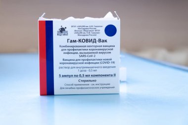 Rus aşısı Coronavirus Gam-COVID-Vac 'a karşı, pazarlama adı Sputnik V: Moskova, Rusya - 25 Şubat 2021.