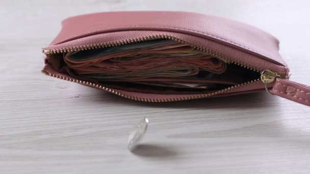 Portemonnee ligt op de tafel naast de munt. Financiën, inkomsten- en onkostenconcept, contante betaling. — Stockvideo