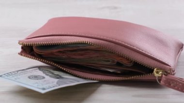 Kadın eli, 100 dolarlık banknot ve bir sürü parayla pembe bir cüzdan çıkarır. Finans, harcamalar ve gelir kavramı.