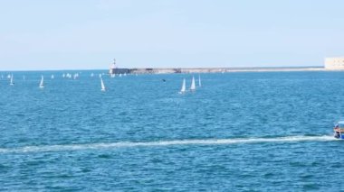 Sivastopol, Kırım 'da mavi denizde rüzgar sörfü..