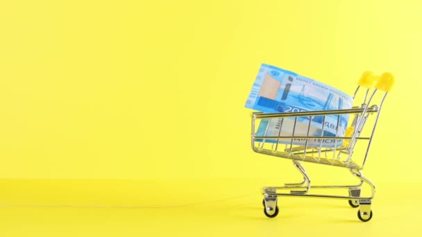 Winkelwagen met 2000 roebel bankbiljet op een gele achtergrond, close-up. Black Friday Shopping en Korting Concept — Stockvideo
