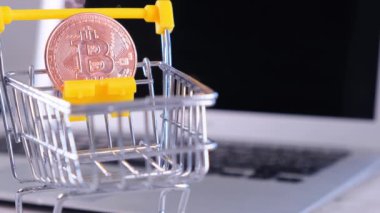 Dizüstü bilgisayar, alışveriş arabası, dolar banknotları ve bozuk paralarla dolu. E-ticaret.