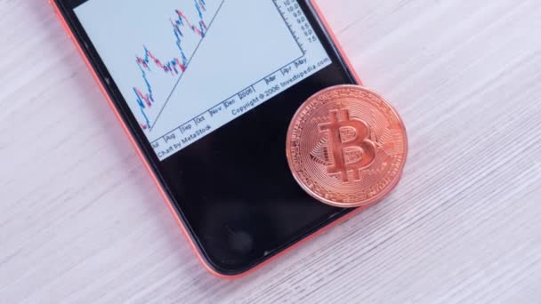 Smartphone with golden Bitcoin trading chart on the screen. gold Bitcoin Cash coin. Trading on the cryptocurrency exchange: Moscow, Russia - May 31, 2021 — Stock Video