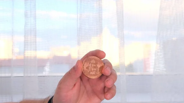 Male hand holds a gold bitcoin coin in his hand on a light background. The concept of mining, cryptocurrency, mining and settlement with electronic money.