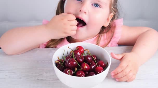 Милая блондинка маленькая девочка сидит за светлым деревянным столом с тарелкой вишни и ест красные ягоды. Здоровое питание. — стоковое видео