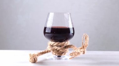 Şarap kadehi bir iple bağlanmış. Alkol bağımlılığı kavramı.