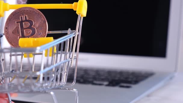 Crypto conceito de compras on-line, carrinho de compras com compras, Criptomoeda moeda de ouro bitcoin no fundo do laptop. moeda virtual electrónica. — Vídeo de Stock