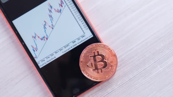 Smartphone met Bitcoin trading chart op het scherm. gouden Bitcoin Cash munt. Handel op de cryptogeld uitwisseling: Moskou, Rusland - 31 mei 2021 — Stockvideo