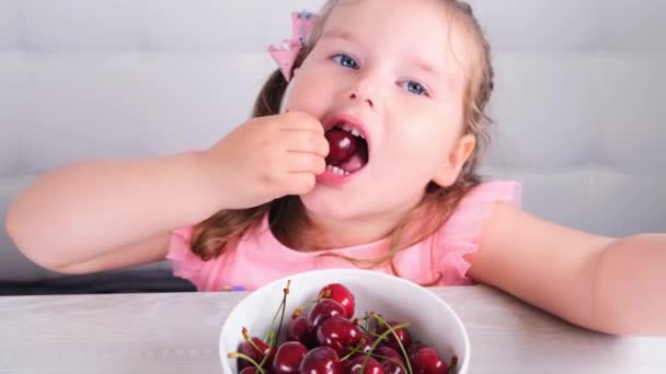 Schattig blond meisje zittend aan een lichte houten tafel met een bord kersen en het eten van rode bessen. Gezond eten. — Stockvideo