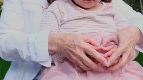 Corazón de manos de abuela y nieta. El concepto de una relación feliz entre generaciones, criando niños — Vídeo de stock