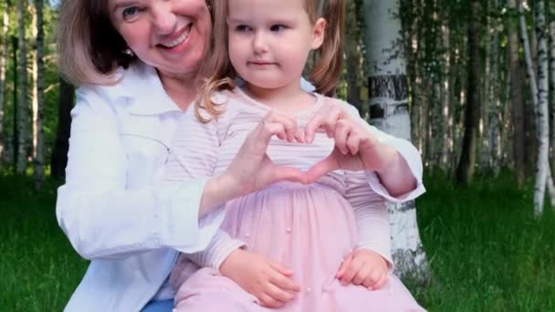 Boldog szerető nagymama és unokája, 3 éves, mutatják ki a szívüket a kezükből. A generációk közötti boldog kapcsolat fogalma, a gyermeknevelés — Stock videók