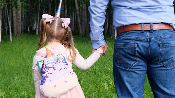 Alegre papá y su hija de 3-4 años de edad van y se toman de la mano en un paseo por el parque. Día de papá. Concepto de infancia feliz. vista posterior — Foto de Stock