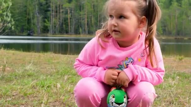 Porträt eines lustigen 3-jährigen Mädchens in einem rosa Sweatshirt mit zwei Pferdeschwänzen, das draußen in der Natur spielt. Glückliche Kindheit, kindliche Entwicklung — Stockvideo