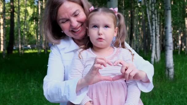 Boldog szerető nagymama és unokája, 3 éves, mutatják ki a szívüket a kezükből. A generációk közötti boldog kapcsolat fogalma, a gyermeknevelés — Stock videók
