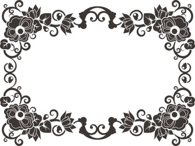 Zambaklı çiçek desenli bir çerçeve. Klasik oryantal panel, düğün süslemeleri için harika, tebrik kartları, davetiyeler, afişler, vinil ve lazer hazır.