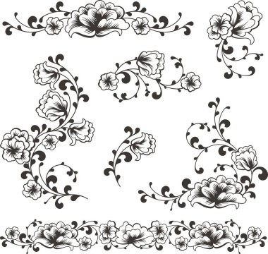 Çiçek vektörü geleneksel Çin tarzında çiçek, yaprak ve girdaplarla süslenir. Düğün süslemeleri, davetiyeler, tebrik kartları, nakış için nefis romantik tasarımlar..