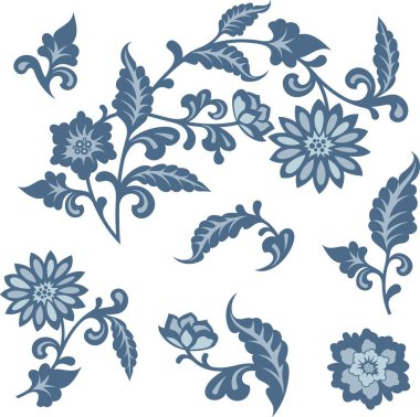 Geleneksel Çin tarzında vektör mavisi süsler. Sayfa dekorasyonları, başlıklar, düğün dekorları, davetiyeler, tebrik kartları, nakış, tekstil için zarif romantik arabesk tasarımları.