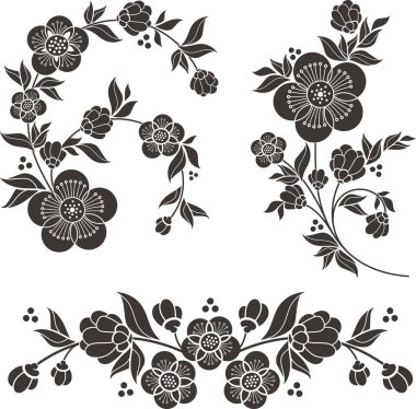 Geleneksel Japon tarzında çiçek ve çiçeklerle süslü çiçek vektörü sakura. Zarif tebrik kartı, sayfa, tekstil, düğün dekorasyonu tasarımları, vinil ve lazer hazır..