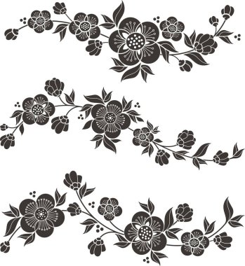 Geleneksel Japon tarzında çiçek ve çiçeklerle süslü çiçek vektörü sakura. Zarif tebrik kartı, sayfa, tekstil, düğün dekorasyonu tasarımları, vinil ve lazer hazır..