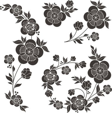 Geleneksel Japon tarzında çiçek ve çiçeklerle süslü çiçek vektörü sakura. Zarif tebrik kartı, sayfa, tekstil, düğün dekorasyonu tasarımları, vinil ve lazer hazır..