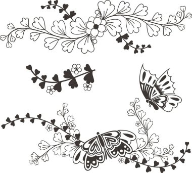 Çiçekli, yapraklı, kelebekli geleneksel Japon tarzında sakura süsleme seti. Tebrik kartı, sayfa, tekstil, düğün dekorasyonu, vinil ve lazer için mükemmel tasarım unsurları