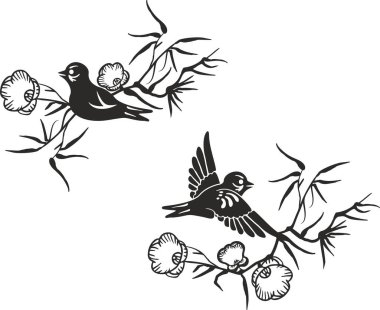 Vektör dekoratif kuş ve dallar Japon tarzında dizayn edilmiş, tipik Asya kültür gelenekleri için. Siyah ve beyaz kesmeye hazır grafikler.