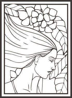 Çiçekli güzel kadın portresi, vektör serisi. Doğal arka planda zarif genç bir bayan. Art deco kız serisi. Dekoratif tasarımlar, güzellik, spa, makyaj ve moda projeleri, düğün tasarımları, boyama kitapçıkları için harika..