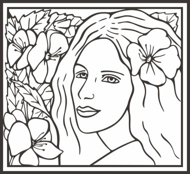 Çiçekli güzel kadın portresi, vektör serisi. Doğal arka planda zarif genç bir bayan. Art deco kız serisi. Dekoratif tasarımlar, güzellik, spa, makyaj ve moda projeleri, düğün tasarımları, boyama kitapçıkları için harika..